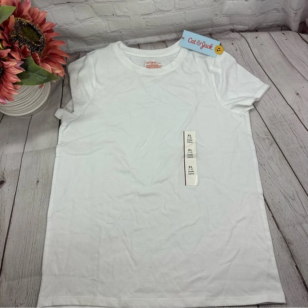 NWT Cat & Jack Classic White Short Sleeve Tee girls sz XL (14) cotton blend 3pc